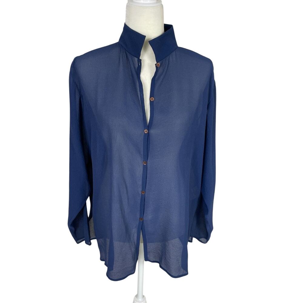 Eileen Fisher Silk Nylon Button Front Shirt Blue Sz S Minimalist Modern Chic